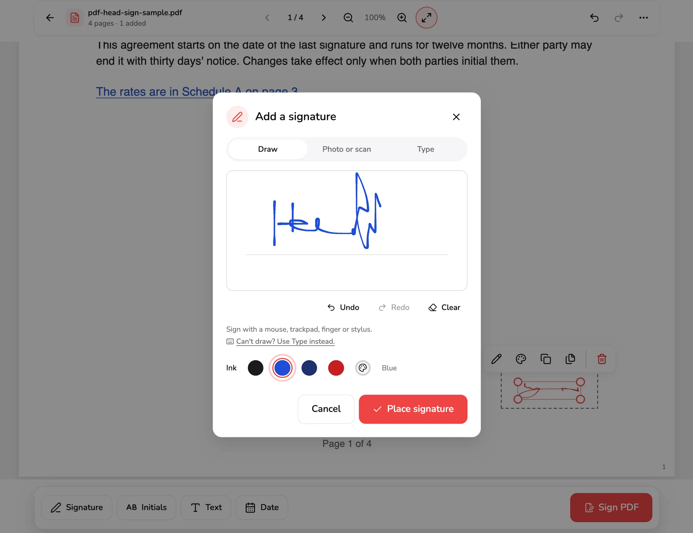 The Add a signature dialog on Draw: a blue signature, four ink colours and Place signature, over an agreement waiting to be signed and saved as a signed copy.