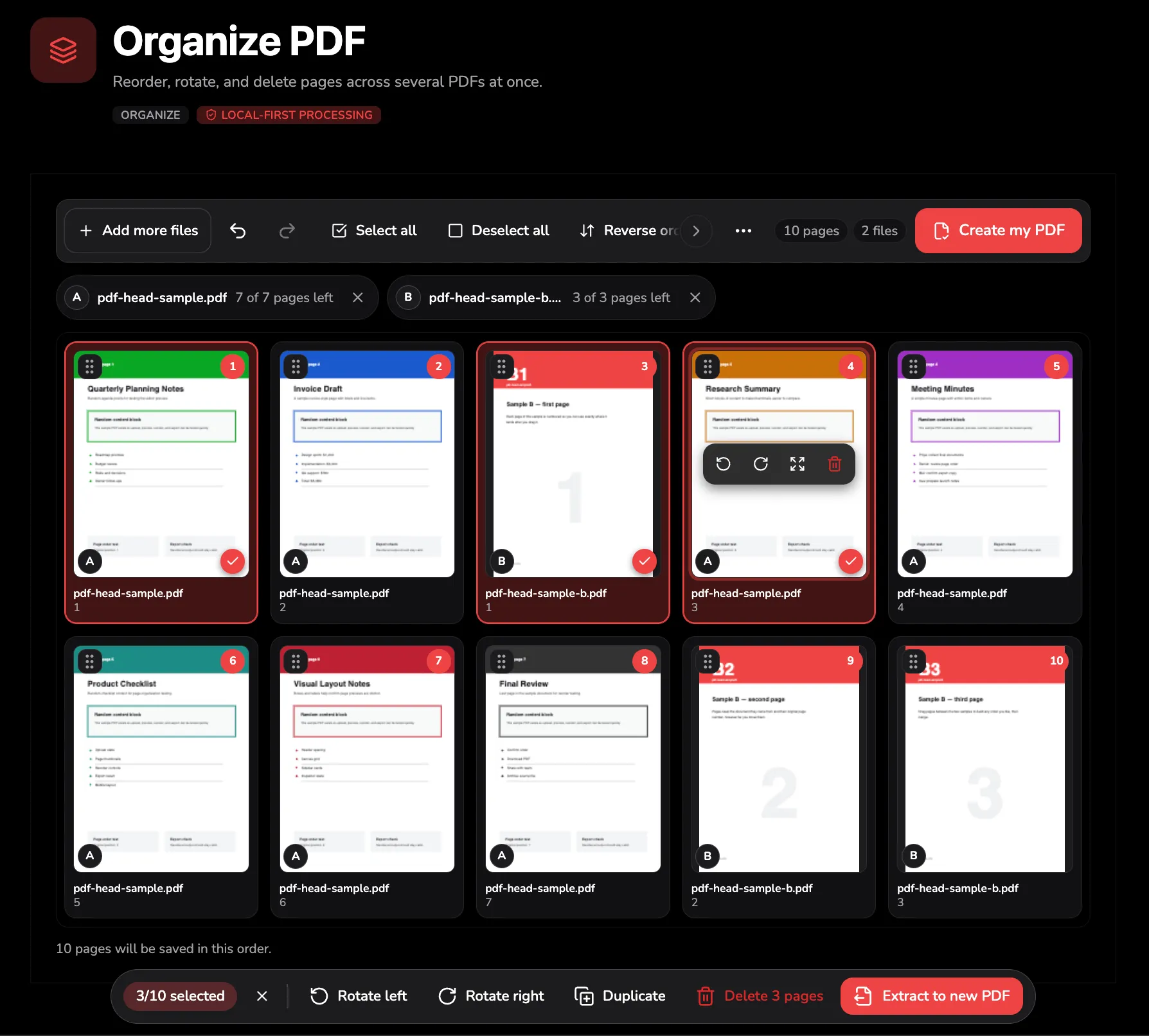 Das Organize-Tool von PDF Head: zwei Dateien in einem Zehn-Seiten-Raster, drei ausgewählte Seiten, darunter die Aktionen Drehen, Duplizieren, Löschen und Extrahieren.