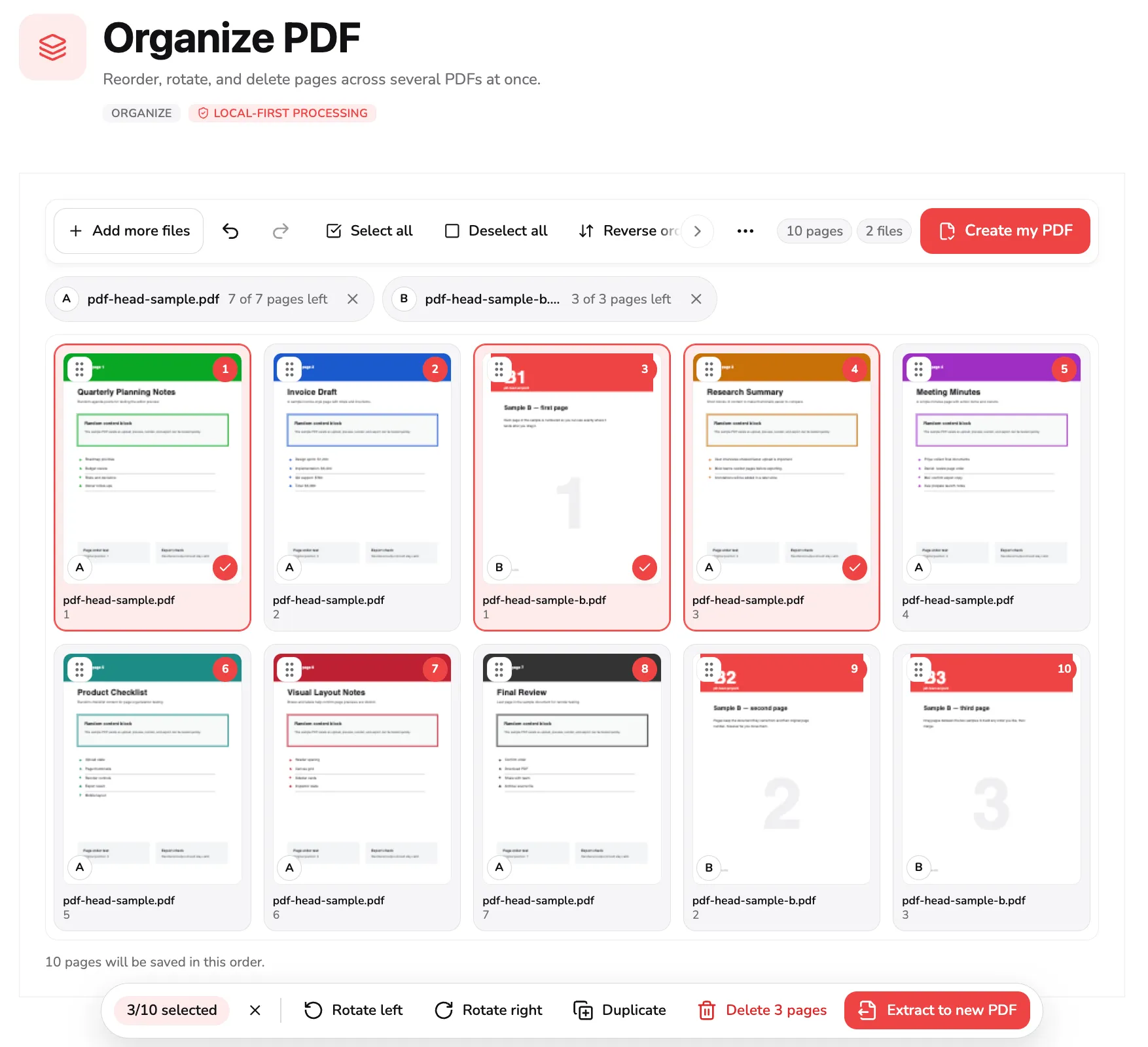 Das Organize-Tool von PDF Head: zwei Dateien in einem Zehn-Seiten-Raster, drei ausgewählte Seiten, darunter die Aktionen Drehen, Duplizieren, Löschen und Extrahieren.