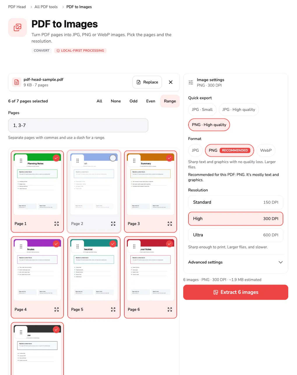 PDF in Bilder von PDF Head mit sechs von sieben angehakten Seiten, Seite 2 ausgelassen, dem Bereich 1, 3-7 im Feld Seiten und PNG mit 300 DPI, bereit für sechs Bilder.