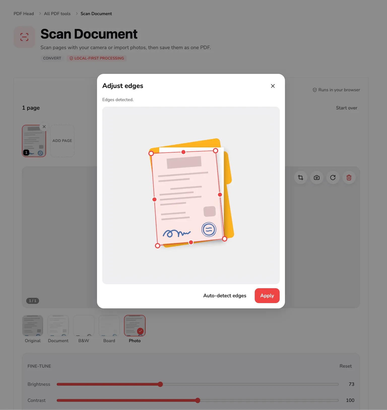 O scanner do PDF Head no meio de uma digitalização: uma página capturada na faixa e, acima dela, o diálogo de bordas aberto com alças ajustáveis nos cantos.